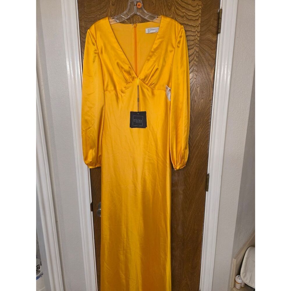 Mac Duggal Women's Yellow Satin Long Sleeve V-Neck Maxi Dress SIZE 8  NWT 55693 - Picture 4 of 9